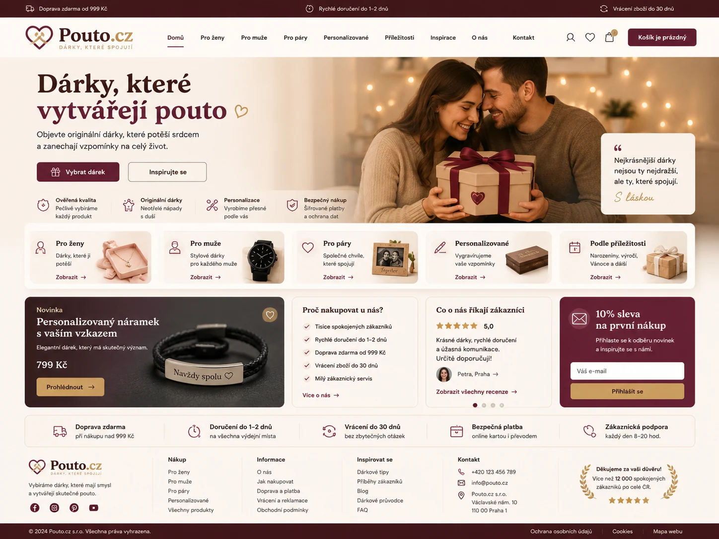 Ilustrační návrh dárkového e-shopu Pouto.cz s vínovými akcenty a dvojicí lidí